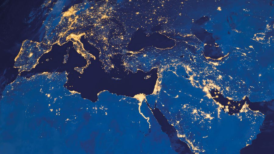 Earth photo at night background, World map. Satellite photo. City Lights of Europe, Middle East, Turkey, Italy, Black Sea, Mediterrenian Sea from space. Elements of this image furnished by NASA.